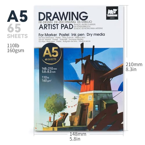 TRANSON A5 Small Sketchbook Marker Pad, 110lb/160gsm Heavyweight Art Paper, No Bleed Through, 65 Sheets/130 Pages 5.8"x8.3" for Drawing & Sketching - size: A5 160gsm