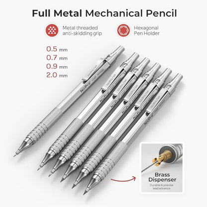 Nicpro 30PCS Silver Metal Mechanical Pencils Set in Leather Case | Art Drafting Pencil 0.5-0.9 mm, 2mm Lead Pencil Holders for Sketching Drawing, 16 Tube (6B 4B 2B HB 2H 4H Colors)Lead Refills - color: Silver