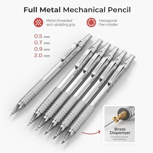 Nicpro 30PCS Silver Metal Mechanical Pencils Set in Leather Case | Art Drafting Pencil 0.5-0.9 mm, 2mm Lead Pencil Holders for Sketching Drawing, 16 Tube (6B 4B 2B HB 2H 4H Colors)Lead Refills - color: Silver