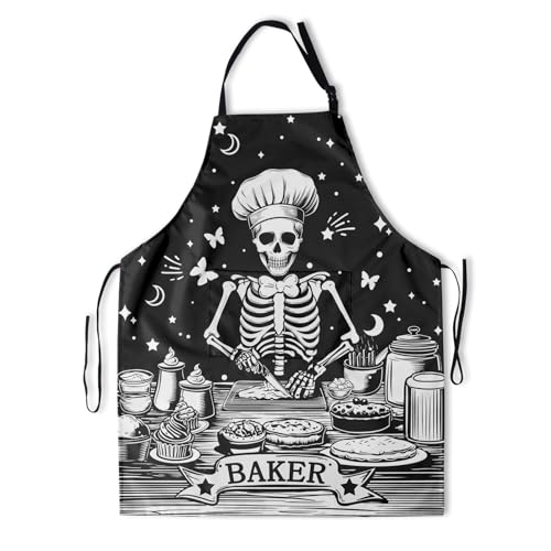 Funny Apron Polyester Grooming Aprons with Pocket for Cooking Kitchen Grilling Adults - color: Black Skull Men
