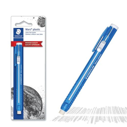 STAEDTLER 6-Pack Mars Plastic Eraser Pen with Refillable Holder, German-Made Eraser for Pencils, Smudge-Free & Tear-Free Precision, Retractable Design with Clip, Blue, 6 Count | Latex-Free Erasers, Replacements for Refillable Holder, Home, School & Office