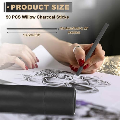 MECCANIXITY 50Pcs Willow Charcoal Sticks, 2-4mm Willow Charcoal Pencils Soft Sketch Vine Art Supplies Set for Drawing Sketching Shading Painting Artists Beginners