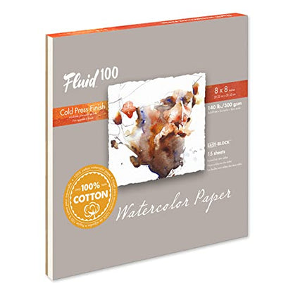 Fluid 100 Watercolor Paper Block, 8 x 8 inches, 15 Sheets, 140 lb (300 GSM) 100% Cotton Cold Press Pad for Artist Painting and Wet Media - size: 8 x 8 (140 lb)