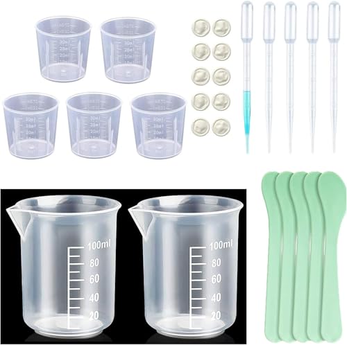 Measuring Cups Kit - 5 Pcs 30ml, 2 Pcs 100ml Plastic Measuring Cups, Paint Resin Mixing Cups, Medicine Graduated Measure Cups with 5 Pcs Mixing Sticks, 10 Pcs Finger Cots and 5 Pc Transfer Pipettes - color: 2 Pcs 100ml + 5 Pcs 30ml Kit