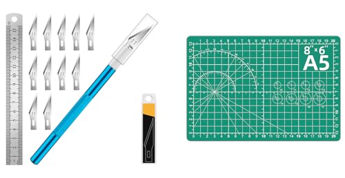 DIYSELF 1 Pcs Craft Knife Hobby Knife with 11 Pcs Stainless Steel Blades Kit and Cutting Mat 6in×8in