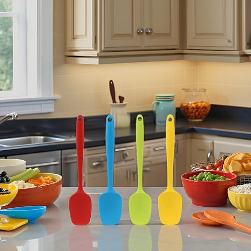 Silicone Spatula Set of 4, Small 8 inch Non-stick Rubber Spoon Spatulas, One Piece Design Flexible Silicone Spoon for Baking Cooking Mixing, Dishwasher Safe - color: Red,Blue,Green,Yellow (Small)