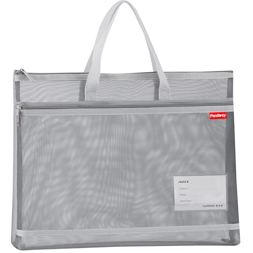 Pendancy Gray Document Bag, Fits A3 Paper, Mesh Pouch with Handle | 13 x 17 in Large Zipper File Bag with 2 Compartments, Semi-Transparent Mesh and Foldable Nylon for Documents and Supplies - color: Translucent Gray, style: DIY Label Type A3 Size(13x17in)