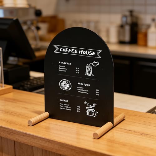 Metal Tabletop Menu Stand with Magnetic Holders and Chalk Writable Surface, Reusable Cafe Display Board with Wooden Base for Restaurant Bakery Retail Counter Menu, Daily Specials and Price Signs - size: A5 Horizontal (11 × 6.7 in)