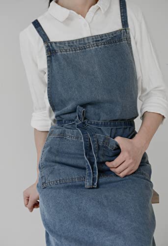 Cross Back Denim Apron with Large Pockets for Men and Women Soft and Unisex - color: Style a - Deep Blue