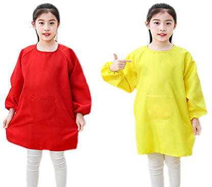 Lauthen.S 2 Pack Kids Art Smocks, Long Sleeve Artist Painting Aprons - color: Red + Yellow, size: L(8-12 Years)