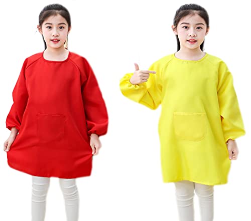 Lauthen.S 2 Pack Kids Art Smocks, Long Sleeve Artist Painting Aprons - color: Red + Yellow, size: L(8-12 Years)