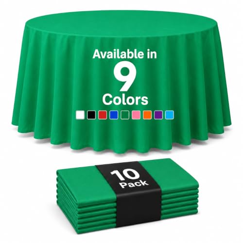 Auros 10-Pack Green Plastic Table Cloth, 84" Round Disposable Table Cover | Waterproof, Spill-Proof & Throw Away Table Cloth, Easy Cleanup for Party, Birthday, Wedding, Graduation, Picnic, Kelly Green - color: Kelly Green, size: 84" Round