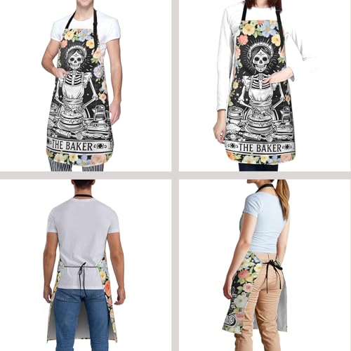 Funny Apron Polyester Grooming Aprons with Pocket for Cooking Kitchen Grilling Adults - color: Flower Skull Black