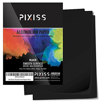 Black Alcohol Ink Paper - 25 Sheets Pixiss Heavy Weight Art Paper for Alcohol Ink & Watercolor - Extra Smooth Synthetic Paper A4 8x12 inches, 300gsm - size: 8x12 (25 Pack)