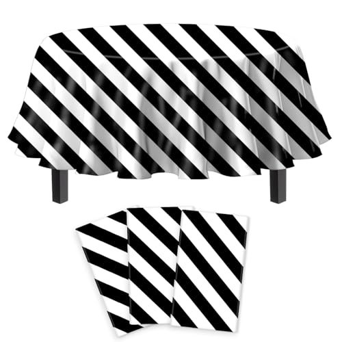 3 Pack Black and White Stripes Round Tablecloth Stripe Outdoor Table Cover Round Table Cover Plastic Table Cloth 84 in Round for Kitchen Dining Wedding Party
