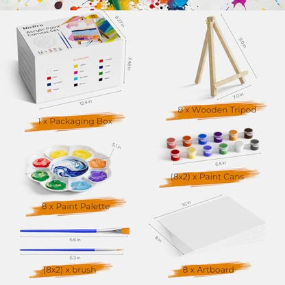 Nicpro 8 Pack 8×10 Inch Canvas for Painting,Sip and Paint Kit for Party | Art Canvas for Drawing with 16 Brushes, 8 Paint Trays, 8 × 12 Acrylic Paint, Painting Kits for Adults Party