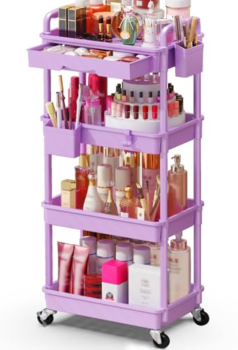 SUNALLY Makeup Cart Organizer with Drawer,4 Tier Rolling Makeup Cart,Purple - color: Purple, size: 4 Tier