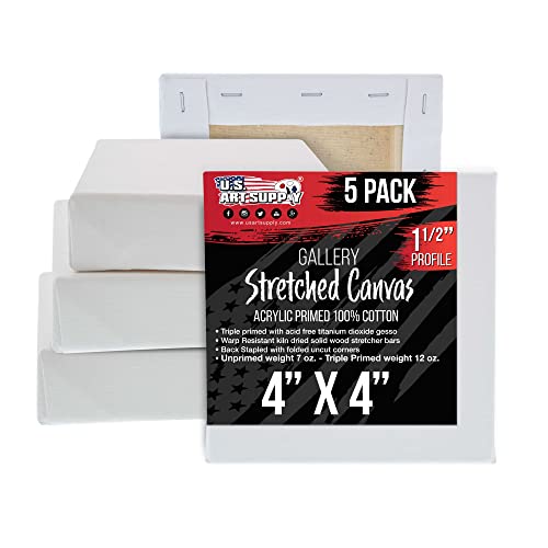 U.S. Art Supply 4"x4" Stretched Canvas for Painting, Gallery Depth 5-Pack - size: 4" x 4"