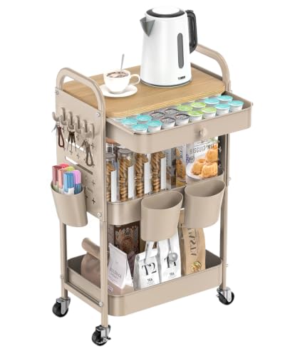 ALVOROG 3 Tier Metal Rolling Cart with Drawer,Wood Top,Pegboards,Khaki | Storage Utility Cart with Drawers,Pegboards,Lockable Wheels,Baskets,Hooks for Kitchen,Office,Bedroom,DIY Supplies - color: Khaki