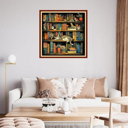 Fanxvivy Stamped Cross Stitch Kits for Beginners Full Range of Cross Stitching Preprinted Embroidery Kits for Adults, 11CT Embroidery Pattern Needlepoint Kits-Cat Sleeping in Bookshelf 18x18 inch - color: Artdesign39