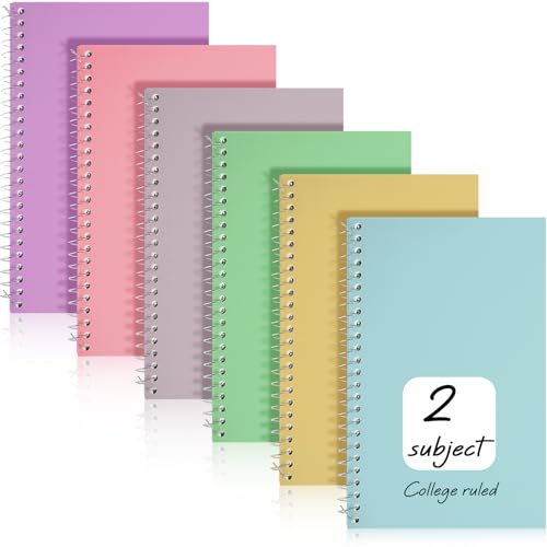 Teling 6 Pcs 2 Subject Notebook Small Spiral Notebook College Ruled 9-1/2 x 6 Inch Spiral Journal 100 Sheets Assorted Colors Easy Tear Line for Office Operation Christmas Items Bulk (Sweet Color) - color: Sweet Color