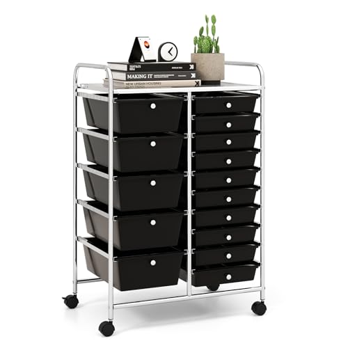 15 Drawer Rolling Storage Cart, Rolling Cart with Drawers for Classroom, Art Supply Craft Organizer on Wheel with Metal Frame & Handles for Home Office School - color: Black, size: 15 Drawer