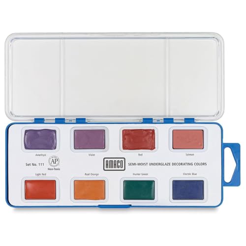 AMACO Semi-Moist Underglazes 8-Count Set No. 4 (#111), 8 Assorted Decorating Colors in Watercolor-Like Pans, Low/Mid-High Fire Cone 05-6 (SMUG) Ceramic Pottery Underglazes for Unfired Clay and Bisque - color: 8-Count Set No. 4 (#111)