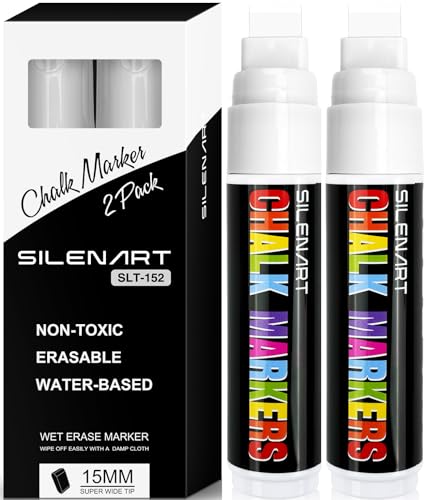 SILENART White Chalk Markers - 15mm Jumbo Tip Car Marker - Wide Thick Window Chalk Pen for Chalkboard, Window, Glass, Mirror, Blackboard - color: White, style: 15mm Tip - 2 Pack