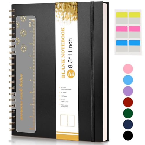 Blank Spiral Notebook Journal 8.5” x 11”, A4 Large Sketch Book for Women Men, 100 GSM Blank Paper Drawing Notebook, Plastic Hardcover Spiral Bound Sketchbook for Sketching Work School Writing, Black - color: Black, size: Plain