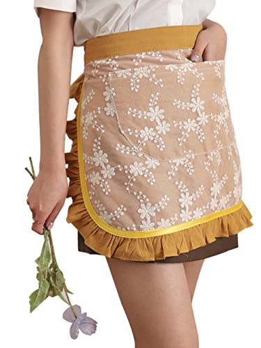 Unisex Chef Aprons White Retro Cotton Maid Short 2 Pockets Waist Waiter Waitress Half Apron - color: Yellow-embroidered
