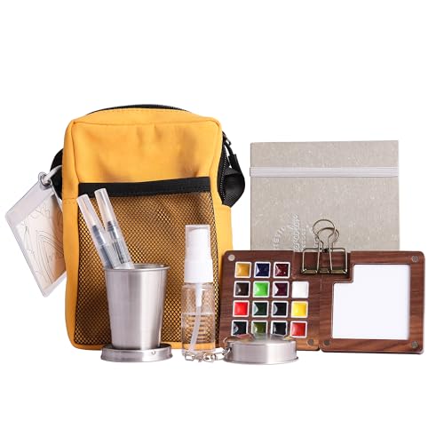 15-Color Mini Travel Watercolor Set for Adults, Beginners & Artists - All-in-One Kit with Bag, Sketchbook, Metal Clip, Collapsible Cup, Spray Bottle & 2 Watercolor Pens