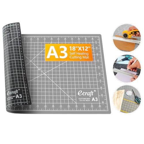 Self Healing Cutting Mat 18x12 Inch A3, 5-Ply Double Sided Rotary Cutting Board with Grid, Grey/Black for Sewing, Quilting, Fabric & Craft Projects - color: Grey/Black, size: 18"L x 12"W