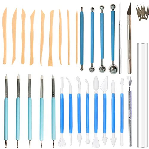31pcs Polymer Clay Sculpting Tools Set, Air Dry Modeling Clay Roller Dotting Tool Kit Fondant Metal Cutters Silicone Embossing Pen Balls Stylus Rollin - color: 31 pcs