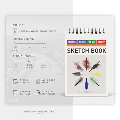 BEECHMORE BOOKS 5.6x8.5 A5 Spiral Sketchbook 140 GSM 100 Perforated Pages | Premium Art Sketch Pad for Drawing & Sketching, Acid-Free Paper, Portable Art Journaling for Artists, Beginners and Adults - size: A5 (5.6" x 8.5")
