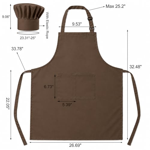 Tosewever Chef Apron Hat Set for Women and Men, Adjustable Bib Apron with 2 Pockets Costume Apron for Father Kitchen Cooking - color: Brown
