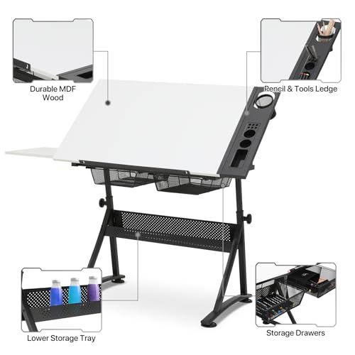 Art Deco Drafting Table, Height-Adjustable, Tiltable Tabletop, Stool for Reading Writing Painting, Homeschooling Desk for Children with 2 Storage Drawers | Stool for Reading Writing Painting, Homeschooling Desk for Children with 2 Storage Drawers，Art Deco