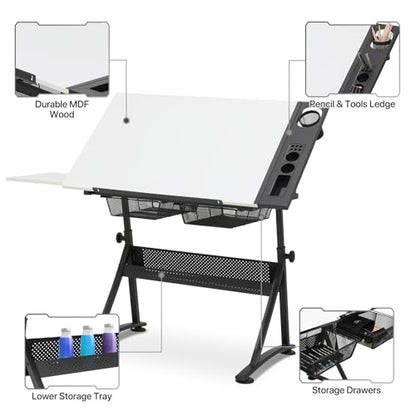Art Deco Drafting Table, Height-Adjustable, Tiltable Tabletop, Stool for Reading Writing Painting, Homeschooling Desk for Children with 2 Storage Drawers | Stool for Reading Writing Painting, Homeschooling Desk for Children with 2 Storage Drawers，Art Deco