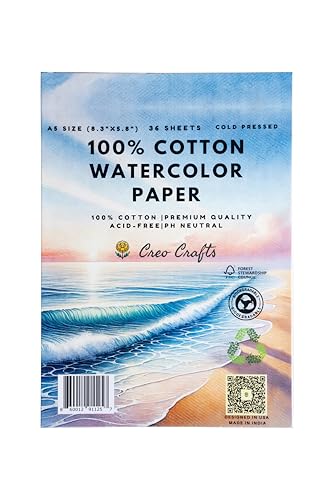 Creo Crafts 100% Cotton Watercolor Paper A5 (5.8 x 8.3 in) - 36 Sheets, 250 GSM Cold Pressed, Gelatin Sized, Acid-Free Natural White Artist Paper for Watercolour & Gouache - size: A5