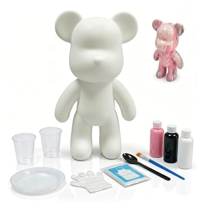 YONXID DIY Fluid Bear Painting Kit - Fluid Art Pour Paint Bear Set - Full Drip Paint Bears Kit with Spill Tray & Apron for Family Activity, Date Night, and Holiday Gifts, 9.05 Inches, Black+White+Pink - color: Black+White+Pink(Easy DIY)