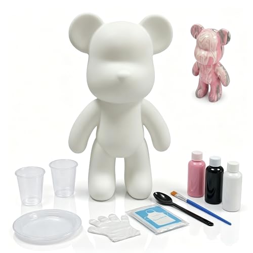 YONXID DIY Fluid Bear Painting Kit - Fluid Art Pour Paint Bear Set - Full Drip Paint Bears Kit with Spill Tray & Apron for Family Activity, Date Night, and Holiday Gifts, 9.05 Inches, Black+White+Pink - color: Black+White+Pink(Easy DIY)