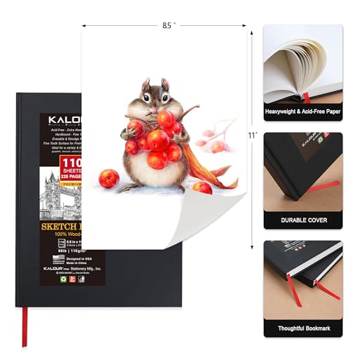 Kalour Hardcover Sketch Book,8.5“x11,Pack of 2, 220 Sheets (68lb/110gsm),Acid Free Art Sketchbook, Artistic Drawing Painting Writing Paper for Kids Adults Beginners Artists