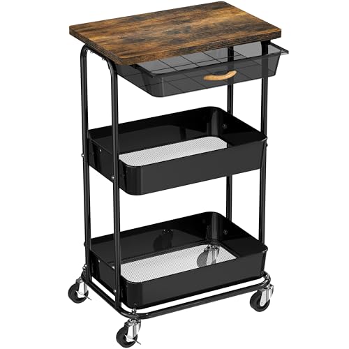 Simple Houseware 3-Tier Utility Cart with Drawer & Wood Top, Rustic Brown - color: Rustic Brown