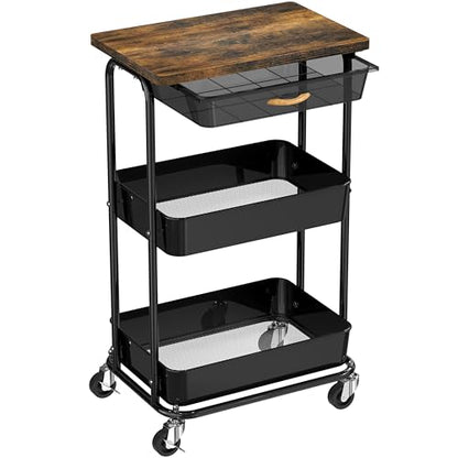 Simple Houseware 3-Tier Utility Cart with Drawer & Wood Top, Rustic Brown - color: Rustic Brown