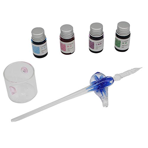 Crystal Glass Intarsia Dip Pen Fountain Pen Kit Vintage Calligraphy Signatures Pen with 4 Colors Ink, Pen Holder, Cleaning Cup, Dark Blue - color: dark blue