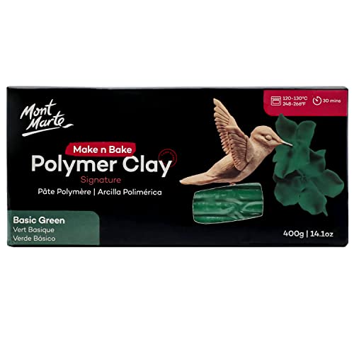Mont Marte Make n Bake Polymer Clay Signature Basic Green 400g (14.1oz) Block, Bake in Oven, Soft and Smooth, Sculpting, Craft, DIY Décor, Jewelry - color: Basic Green, size: 14.1oz