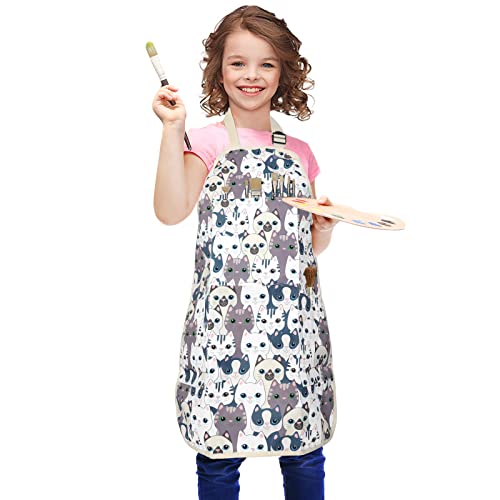 FreeNFond Kids Apron Adjustable Child Apron with 4 Pockets for Baking Painting - color: White Cat