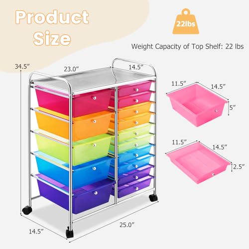 DREAMADE Rolling Cart with 15 Drawers, Utility Cart with Removable Storage Drawers, Lockable Wheels, Art Cart for Home Office Living Room Art Supplies Crafts (Rainbow, 25"L x 14.5"W x 34.5"H) - color: Rainbow, size: 25"L x 14.5"W x 34.5"H