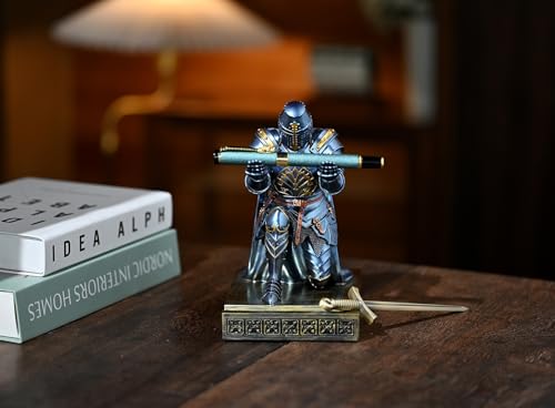 Medieval Templar Vanguard Officer Knight Pen Holder Desk Organizers Blue | Pencil Stand Paperweight Desktop Decoration Accessories Cell Phone Stand with a Fancy Sword for Medieval Warrior Enthusiast - color: Blue