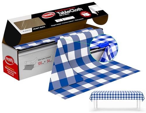 Neatiffy Disposable Plastic Table Cloth Roll | Waterproof Tablecloth | Table Cover for Picnic, Party, Banquet, Birthdays, Weddings (Blue Checkered, 54 inches X 100 feet) - color: Blue Checkered 100, size: 54 inches X 100 feet