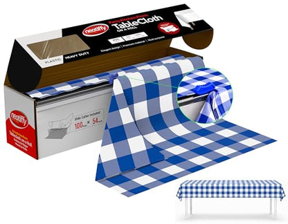 Neatiffy Disposable Plastic Table Cloth Roll | Waterproof Tablecloth | Table Cover for Picnic, Party, Banquet, Birthdays, Weddings (Blue Checkered, 54 inches X 100 feet) - color: Blue Checkered 100, size: 54 inches X 100 feet